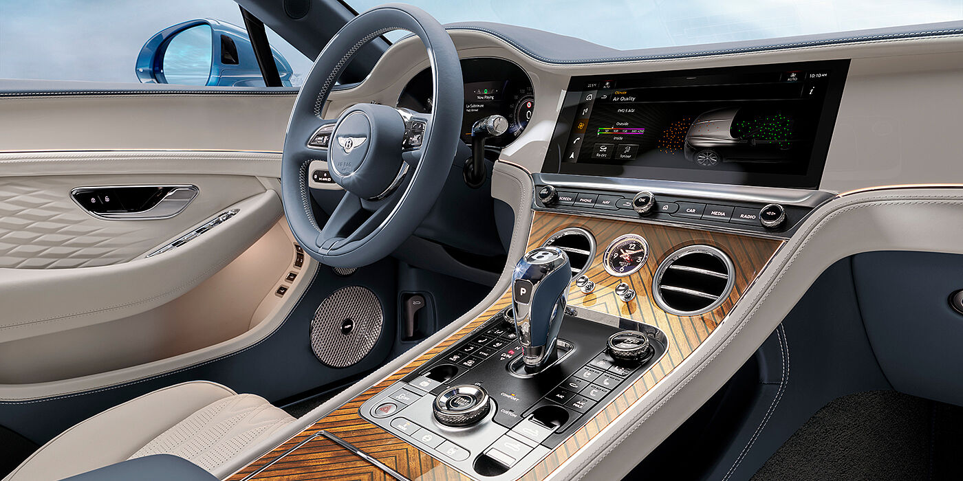 Bentley St Peter New Bentley Continental GTC Azure convertible interior front cabin view with Linen and Brunel hides and Piano Linen by Mulliner veneer featuring centre console and centre MMI screen